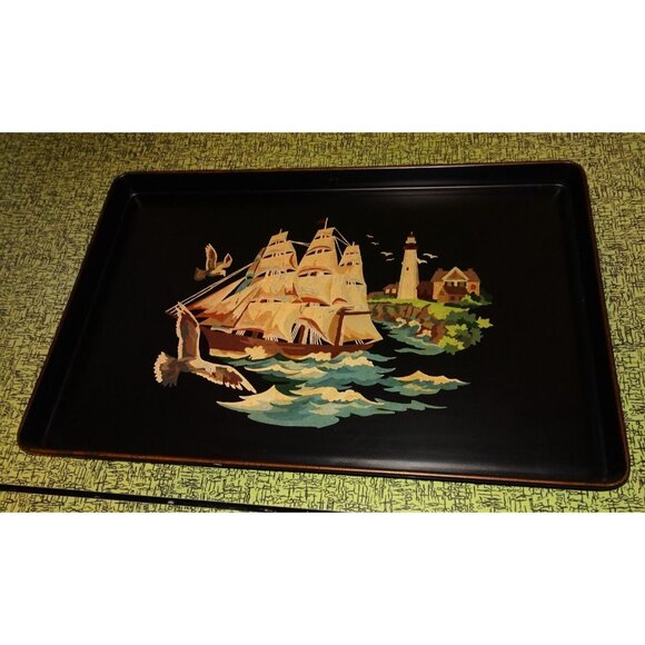 Tin Tray Sailing Ship Lighthouse Hand Painted Black Vintage Tole Style Rectangle - Picture 8 of 11